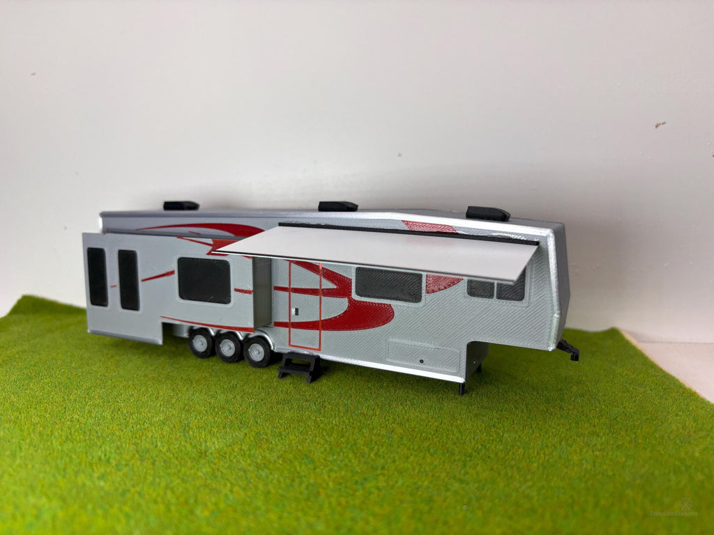 1/64 5th Wheel Camper Trailer for Model Layouts and Dioramas trailer in gray with red