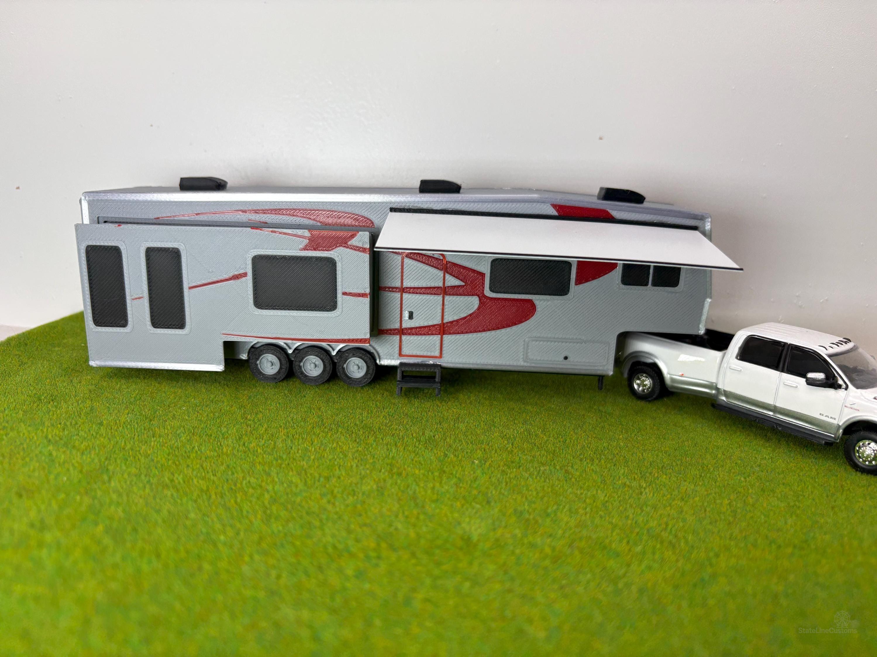 1/64 5th Wheel Camper Trailer for Model Layouts and Dioramas trailer in gray with red