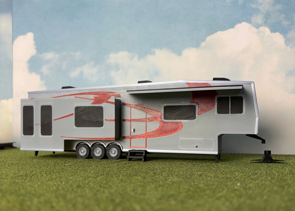 1/48 Scale 5th Wheel Camper Trailer (gray with red in color)