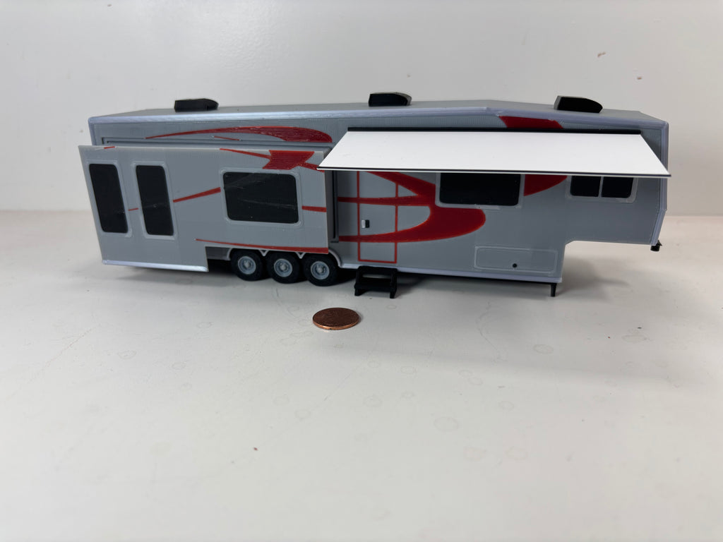 1/48 Scale 5th Wheel Camper Trailer (gray with red in color)